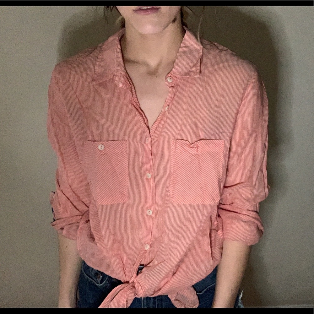 Red and white striped button down